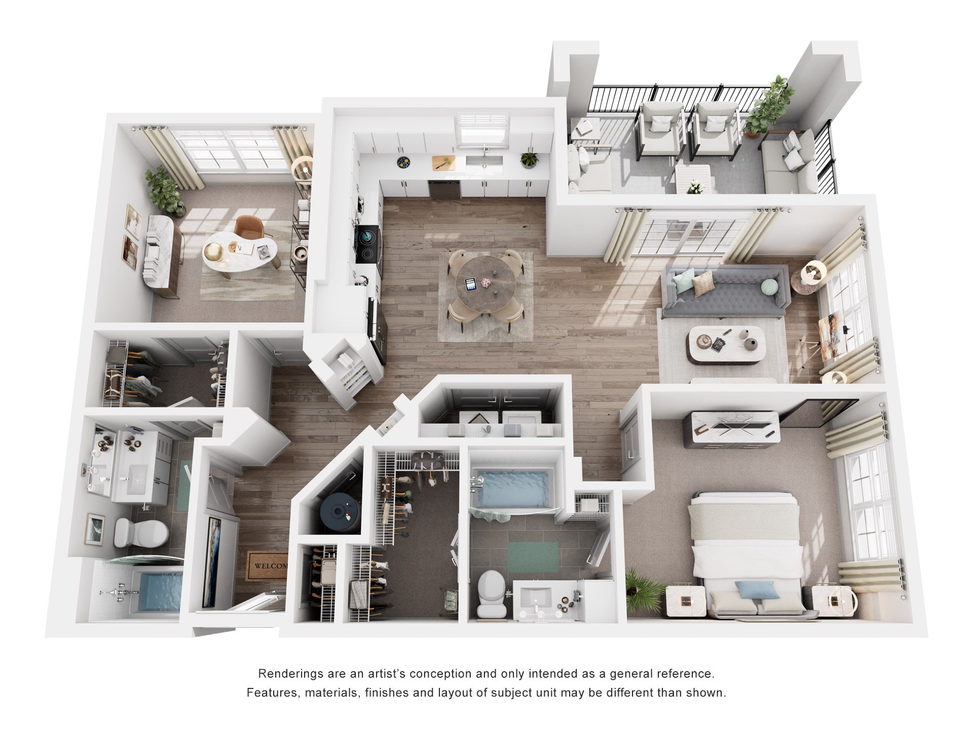 Floor plan for 2 beds, 2 baths, 1127 sqft